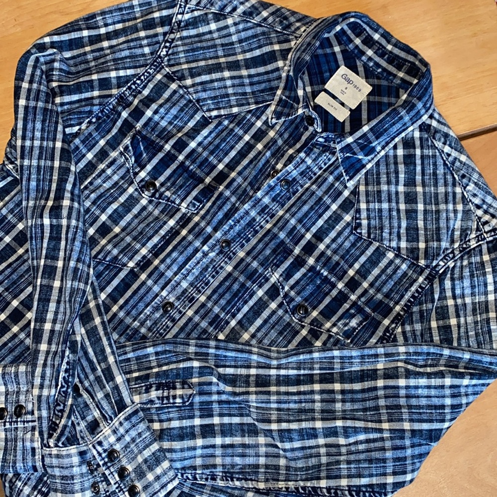 Gap Western style, long sleeve, snap front, blue/black/white plaid shirt